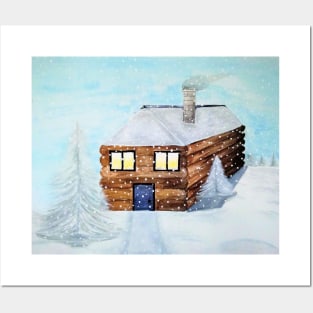 Snowy Log Cabin Posters and Art